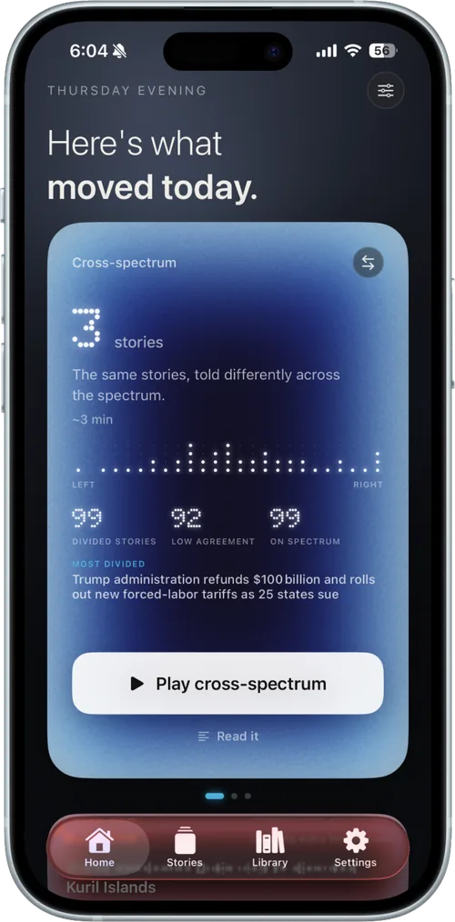 The Briev app: tonight's brief with a cross-spectrum story card
